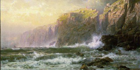 威廉·特罗斯特·理查兹(1833-1905)，《长浪击礁》，1887年. Oil on canvas, 28.2 x 44.1 in.，布鲁克林博物馆，爱丽丝C的遗赠. Crowell, 32.140.