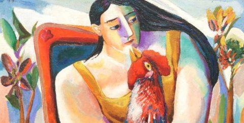 Mujer con gallo (Mujer y gallo) |女人和公鸡, 1941布面油画| óleo索布雷·连佐, 32 ✕ 26″ Col. Nercys & Ramón Cernuda©Fundación Mariano Rodríguez