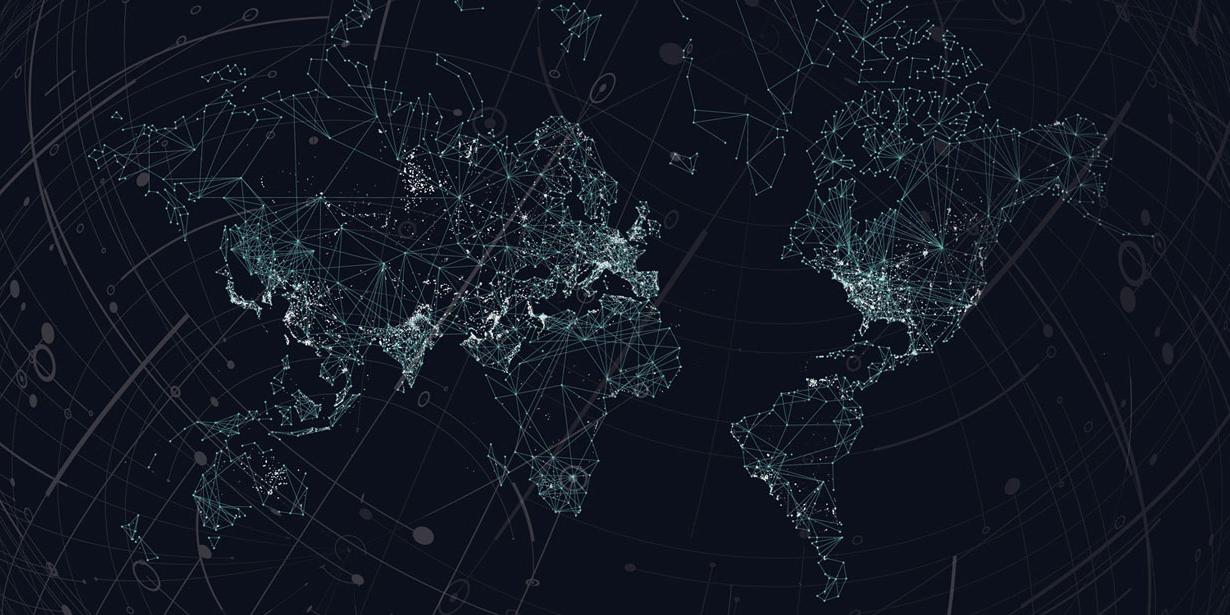 World map of abstract internet connections and urban light on deep blue-black background