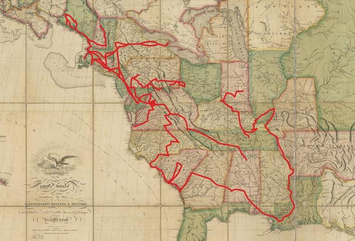 19世纪早期的美国地图，地图上的线标出了作家安妮·罗亚尔在美国旅行的路线.S. 邮政驿马车