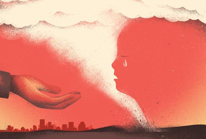 Illustration of a child's face behind behind a tornado opposite a hand reaching out to help